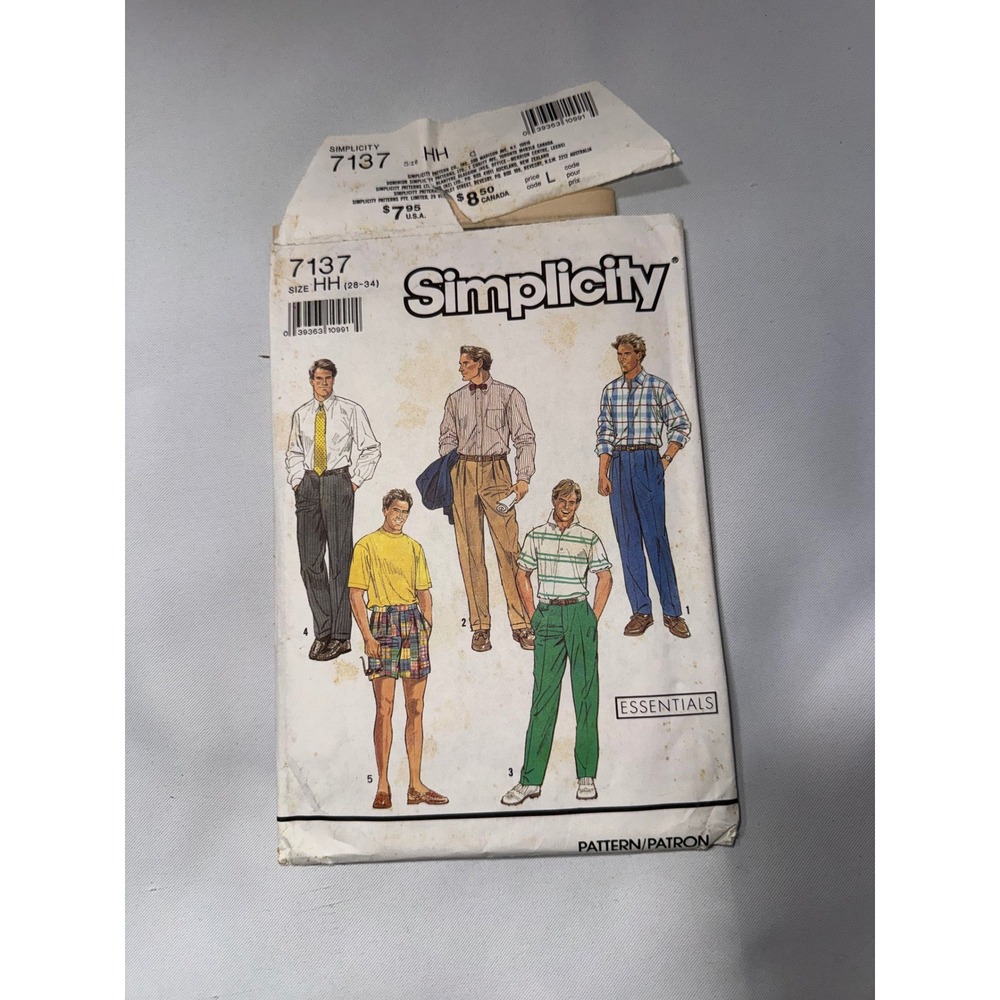 Simplicity 7137 Mens Pants Shorts Sewing Pattern Size HH 28-34 Essentials Uncut‎
